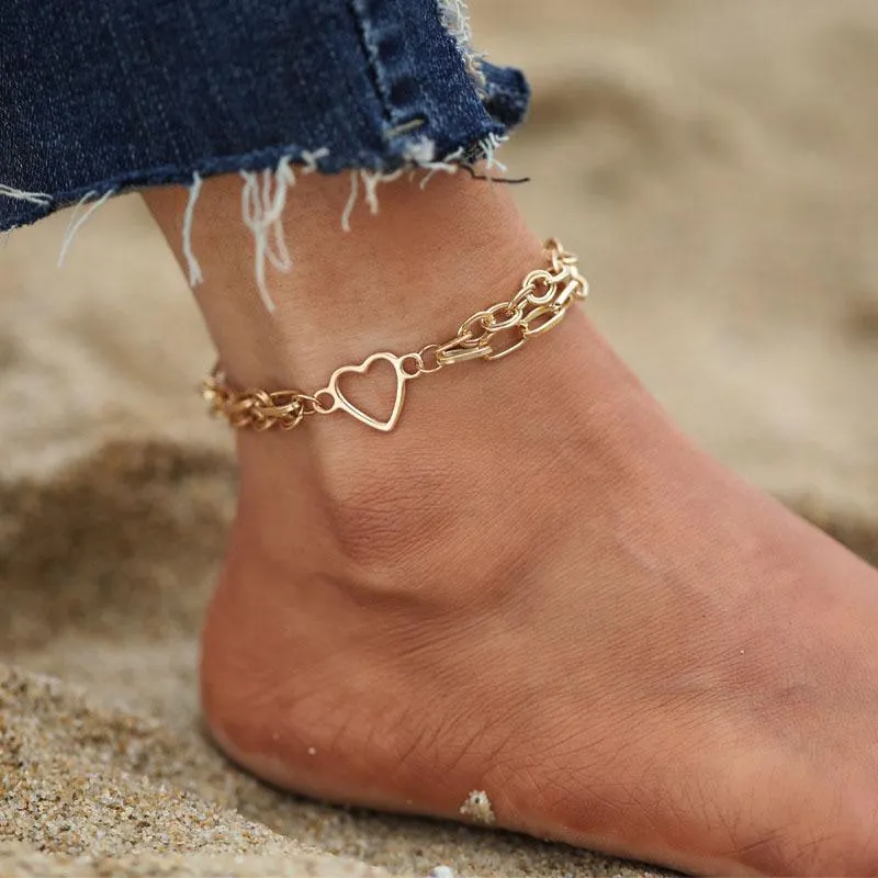 Anklets Proste Heart Kobieta Boso Crochet Sandals Foot Biżuteria Noga Na Bransoletkach Kostki Dla Kobiet Łańcuch