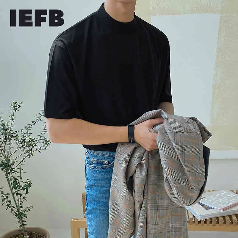 IEFBメンズTシャツ半袖夏韓国のトレンドソリッド黒小型高カラーカジュアルティートップス男性9Y7687 210524