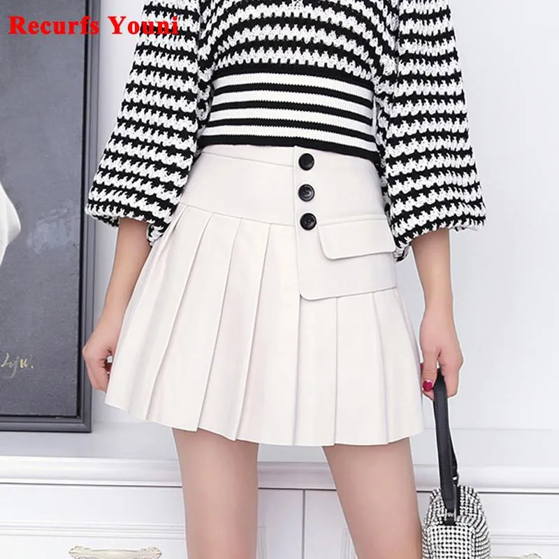 Genuie Leather Skirt Women 2021 Spring South Korean Fashion High Waist Buttons Pleated Jupe Female Black/White Sexy Mini Faldas Skirts