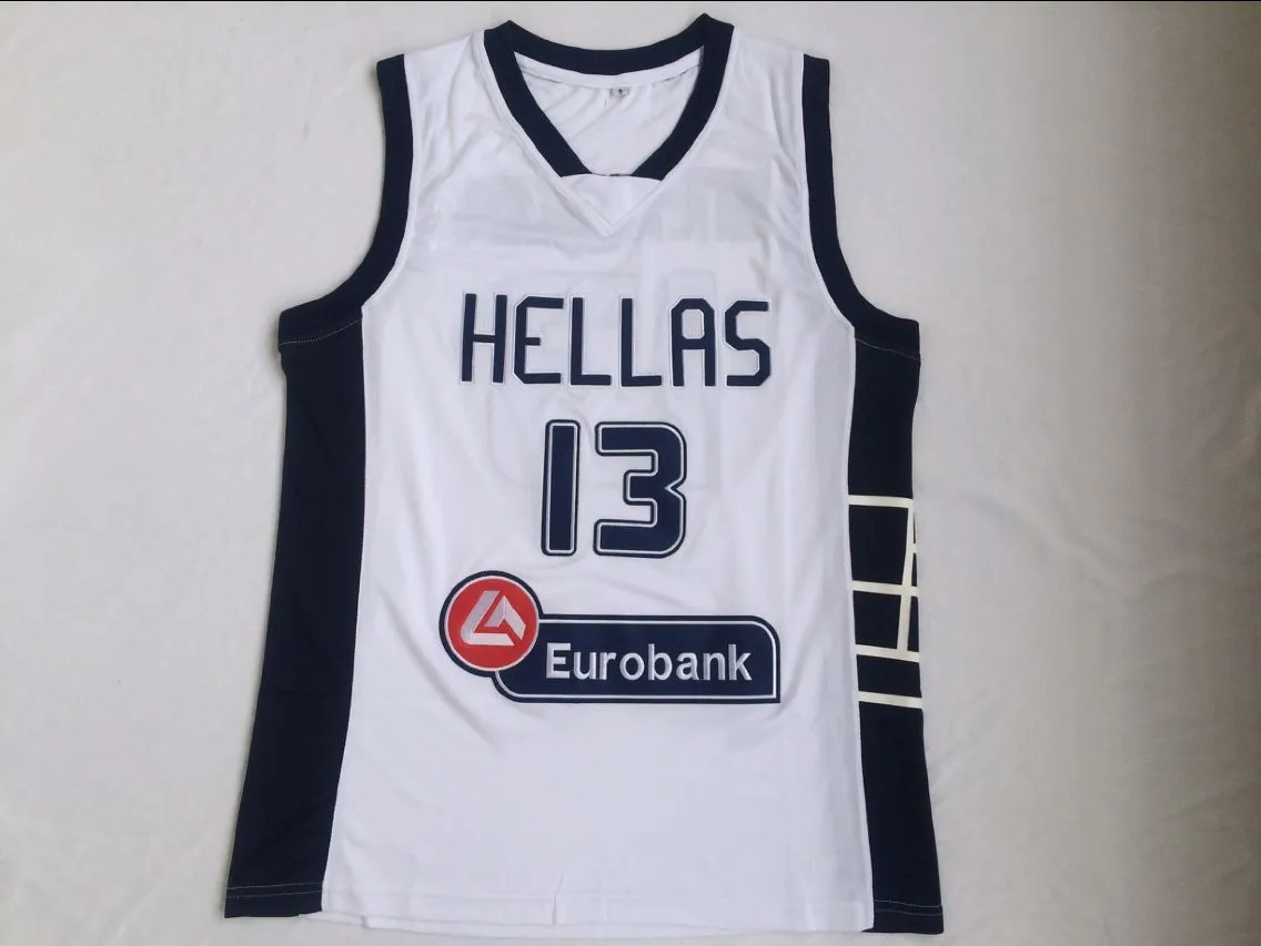 Баскетбольные майки Eurobank #13 Antetokounmpo Hellas White Basketball Jersey Mens All Seed Вышивка S-2XL