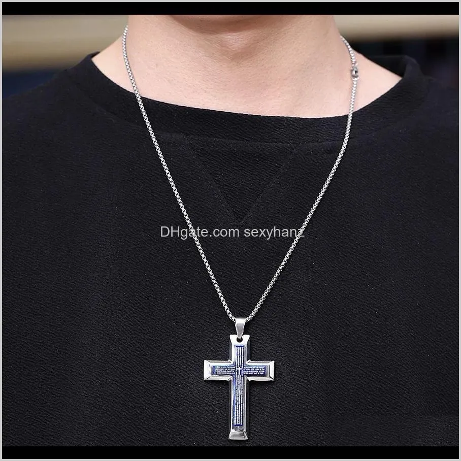 Men Cross Pendant Necklace Stainless Steel Silver Chain Fashion Jewelry Blue Black Double Bible Design Punk Hip Hop Mens For Gift