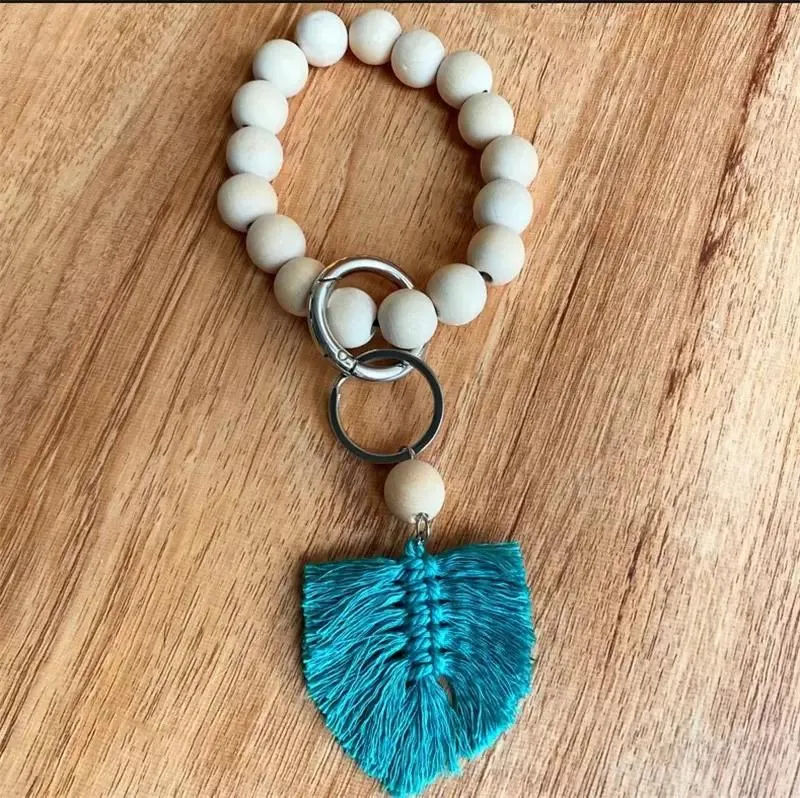 Party Wooden Bead Bracelet Keychain Pure Wood Color Car Chain Cotton Tassel Keyring with Alloy Ring Wood Beaded Decoration dd994