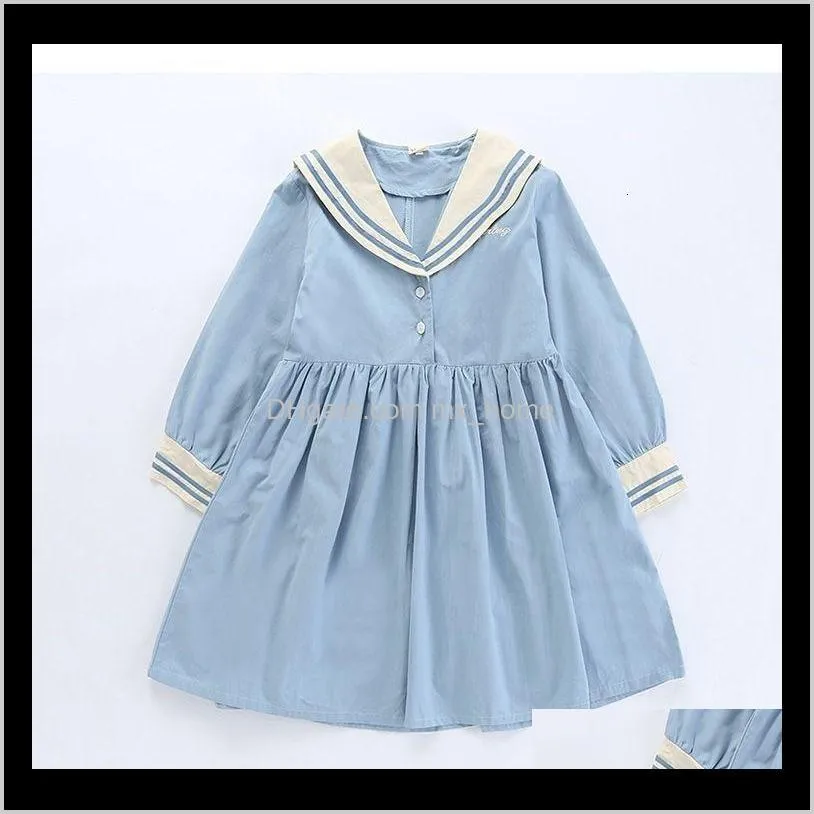 Baby Kläder Baby Maternity Drop Leverans 2021 Klänningar 110160 cm Tonåring Girls Longsleeved College Kneelength Style Navy Collar Spring Autu