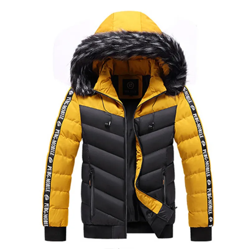 Mężczyźni Grube Parker Down Płaszcze Hurtownie Moda Ciepły Łączenie Wiatroszczelna Kapturem Puffer Kurtka Designer Winter Chleb Futro Kołnierz Puff Kurtki