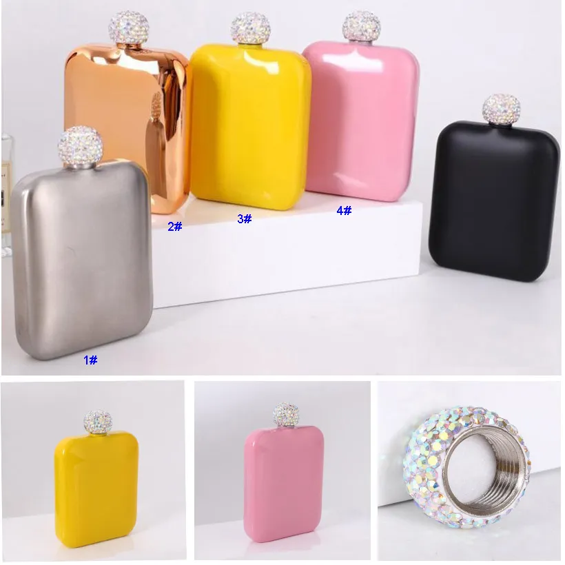 6oz Stainless Steel Hip Flask With Diamond Lid Ladies Outdoor Portable Square HipFlasks Mini Pocket Drinkware HH21-205