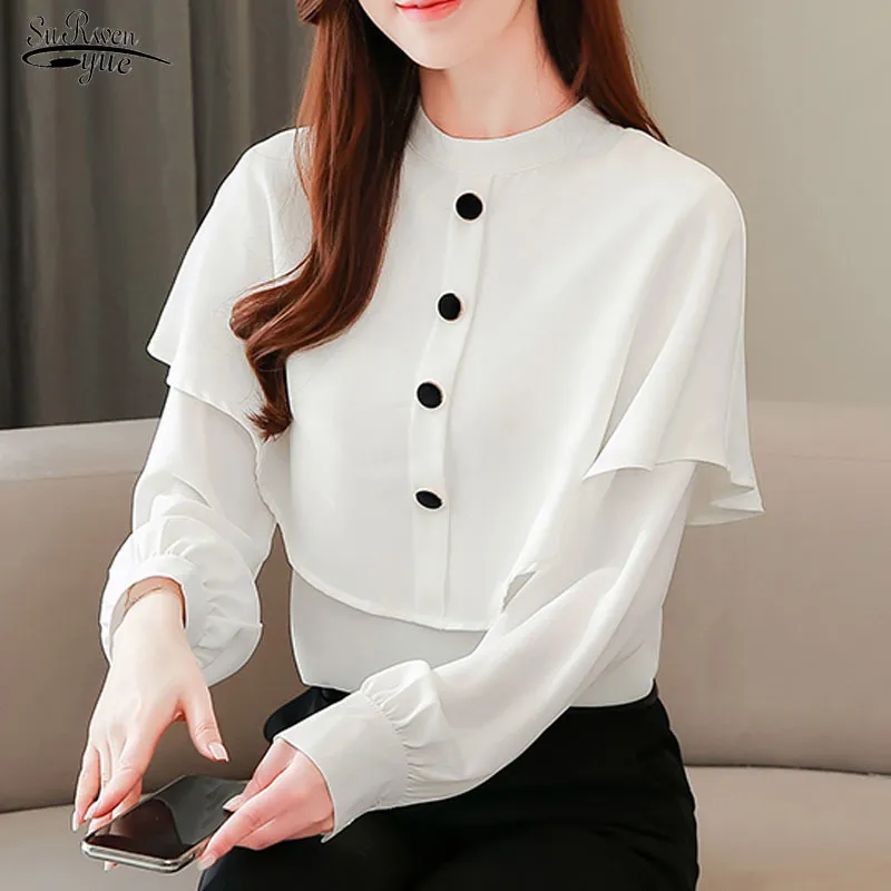 Jesień z długim rękawem Puff White Szyfonowa Bluzka Kobiety Office Lady Solid Stojak Kołnierz Pullover Koszula dla Blusas 10513 210521