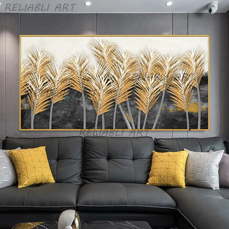 Abstract Gold Leaf Canvas Art: Black And Golden Tree Painting For Modern Living Room Wall Decor ...