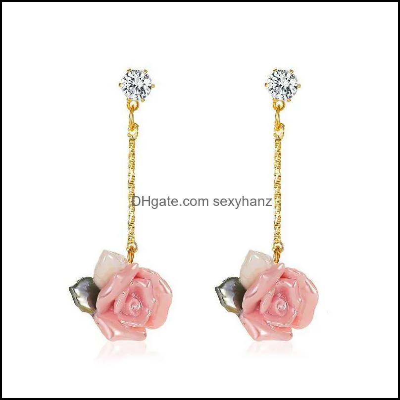 French Rose Flower Long Dangle Earrings Women Retro Crystal Tassel Chain Ear Nail European Business Party Gift Floral Earring Jewelry