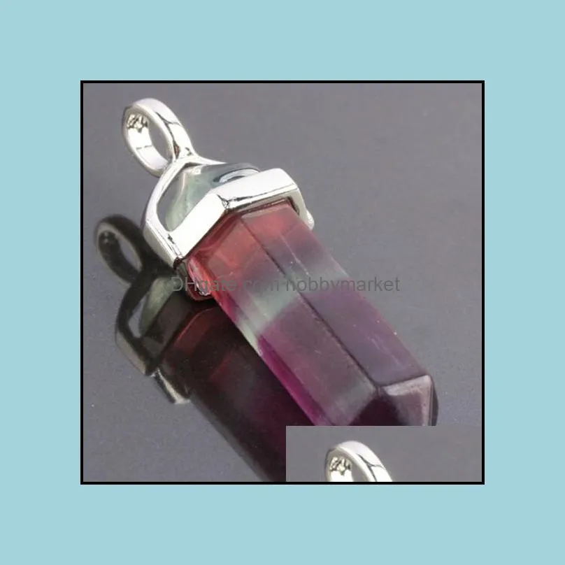 Bulk 5 Pieces Rainbow Fluorite Stone Healing Chakra Prism Point Gemstone Pendulum Bead Silvery Pendant Charm Jewelry