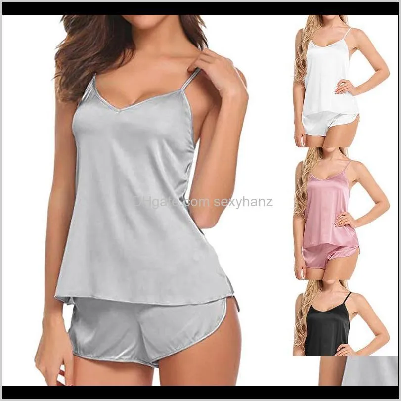 2020 women sexy strapless bodysuit simulation silk thin pajamas set v-neck camisole sleeveless shorts sleeping wear backless