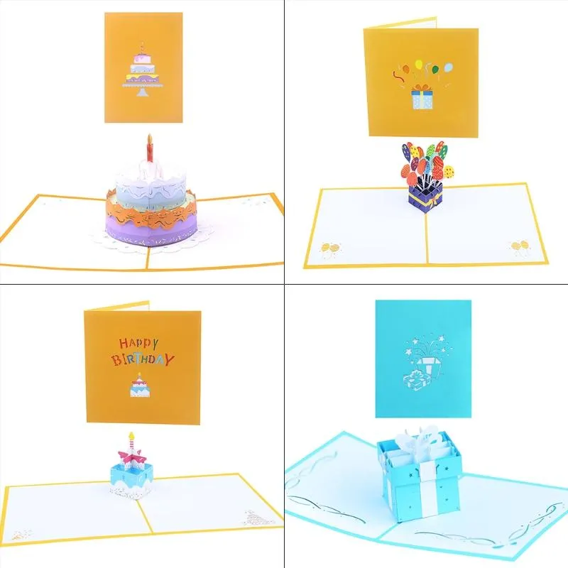 인사말 카드 3D- 생일 축하 케이크 선물 상자 풍선 웨딩 파티와 봉투