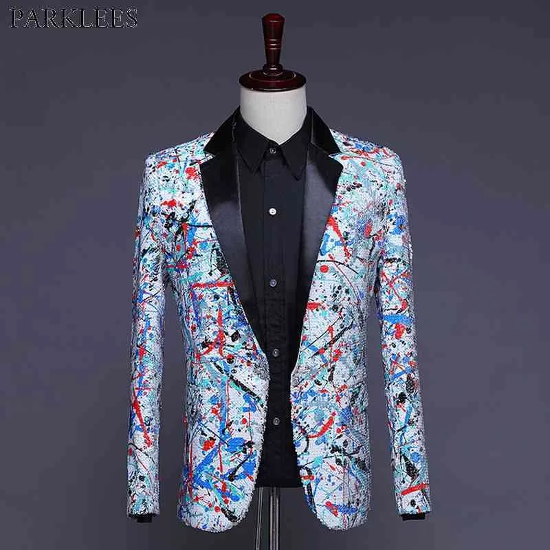 Mode graffiti sequin klänning blazer män bröllopsfest prom mens blazer jacka nattklubb DJ scen sångare glitter kostym homme 210522