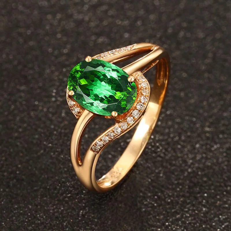 Kluster Ringar Trendiga Kvinnor Rose Guld Smycken Ovala Emerald Zircon Gemstone För Förlovning Party Open Promise Finger Ring Tillbehör Gåva