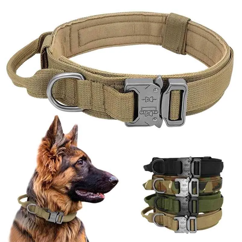 Coleira de cães táticos com alça Durável Militar Nylon Cachorrinho Coleira Ajustável de Treinamento para Cães Grandes Pastor 210729