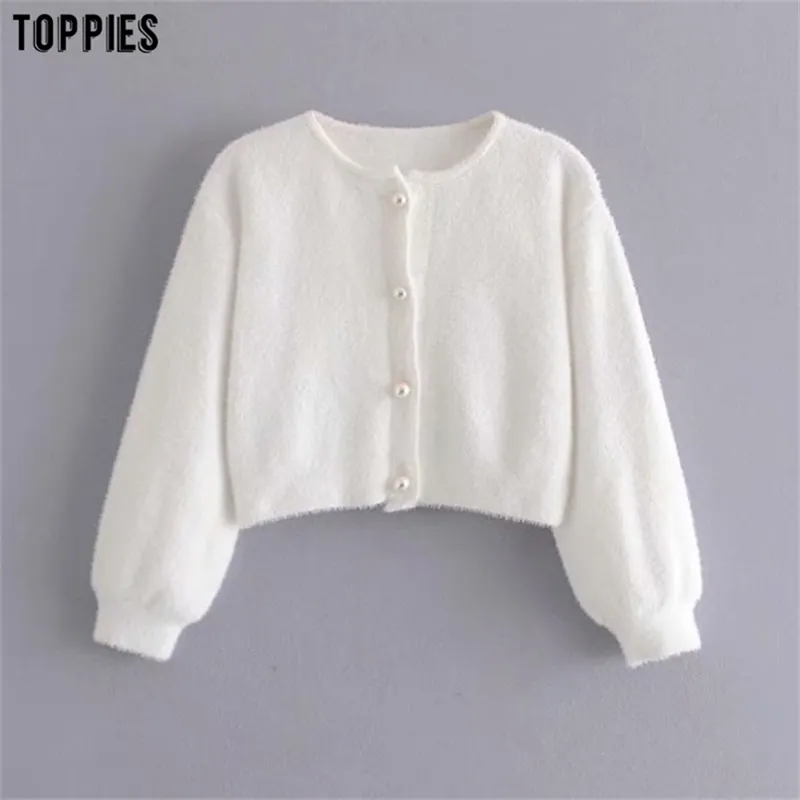 Blanc Crop Pull Perles Bouton Court Cardigan Femme Tricoté Veste Mohair Dames Tops 210421