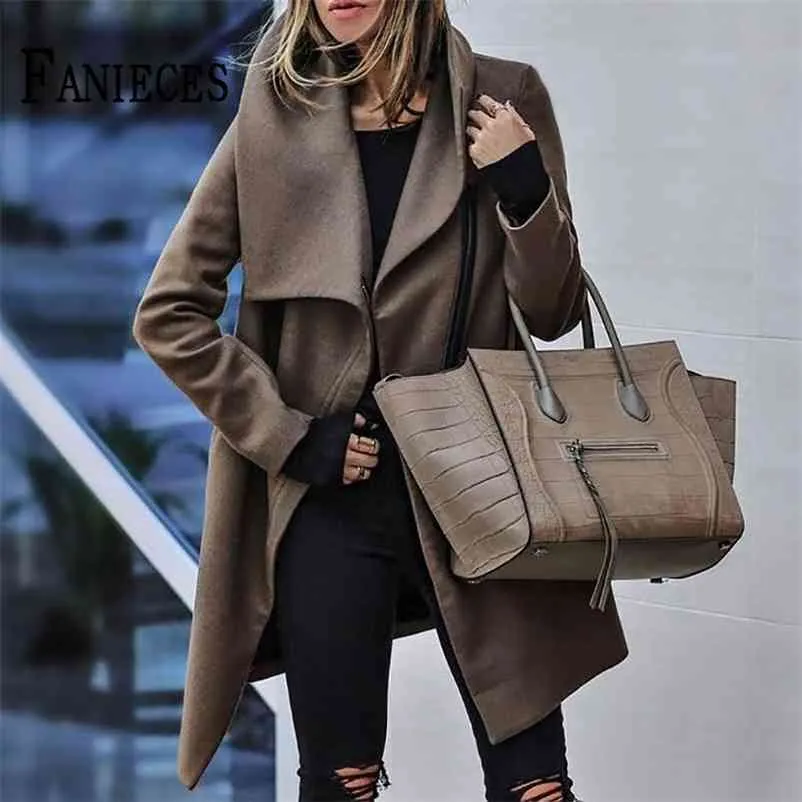 Mujeres otoño invierno marrón abrigo de lana outwear oficina damas manga larga cremallera abrigos de lana mujer chaqueta suelta 210520