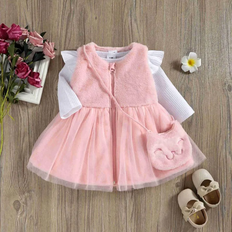 Zestawy odzieżowe Jesień Niemowlę Baby Girls Set Set Solid Color Neck Długi Rękaw Body + Sukienka Bez Rękawów + Worek Odzież 0-18 miesięcy