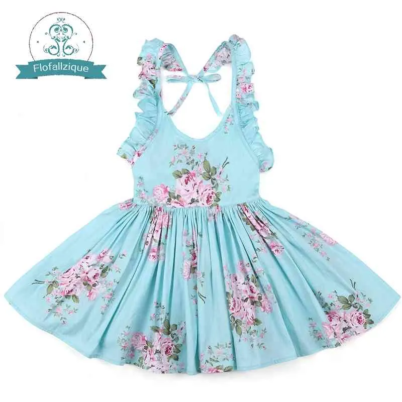 Flofallzique Baby Girls Robe avec la marque Summer Beach Style Floral Print Party Dos Nu Vintage Enfant Enfant Vêtements 1-8 ans 210317