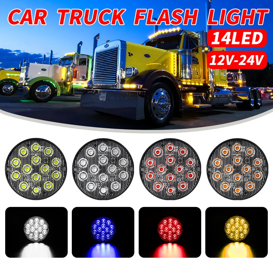 12V 24V Truck Tail Emergency Light Ultra-Thin Round 14LED Side Warning Lights Strobe Flash Lamp White Yellow Red Blue Car Flashing