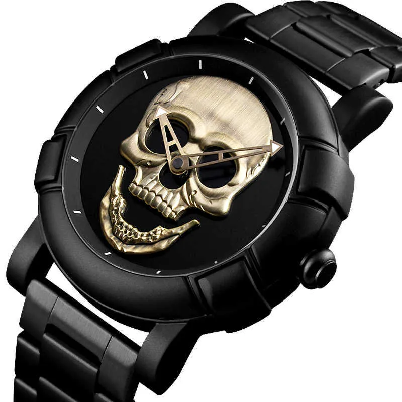 Cool man steampunk skalle huvud klocka män 3d skelett graverade guld svart mexico punk rock ring klocka klockor relogio masculino x0625