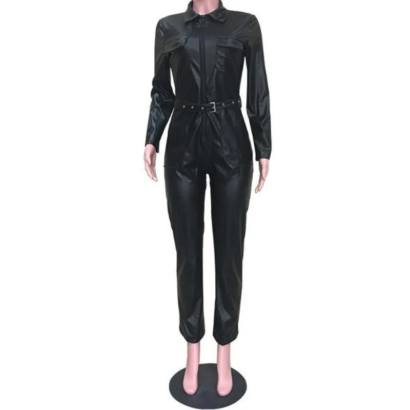 Women's Jumpsuit Romper: Black Faux Leather Long Sleeve Bodycon Overalls  for Autumn, Casual, Clubwear, and Party