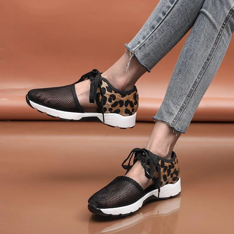 Sandaler Kvinnors Casual Mesh Andas Bag Root Strap Sneakers Hollow Leopard Skriv ut Enkelskor