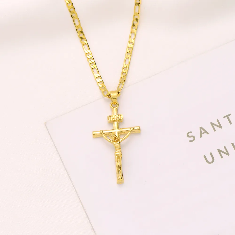 Italian inri Jesus Crucifix Cross Pendant Figaro Link Chain Necklace 9k Yellow Solid Gold GF 60cm 3mm Womens Mens