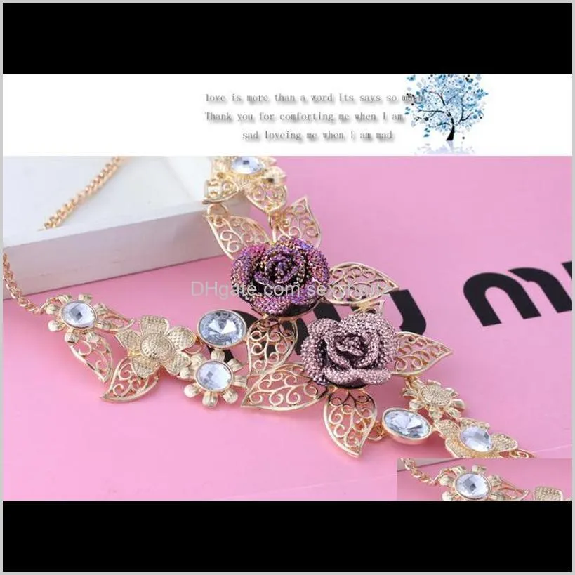 high-end crystal exaggerated jewelry retro flower jewelry set auger alloy hollow out brief necklace