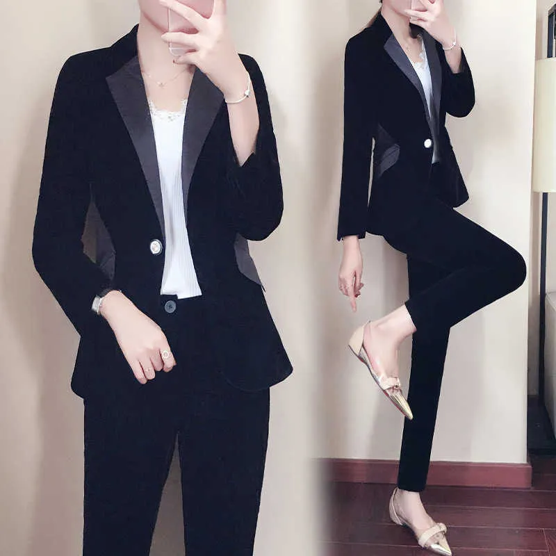 Pantaloni da donna professionali adatti ad alta qualità Blazer nero slim di grandi dimensioni in velluto dorato Casual ufficio in due pezzi 210527