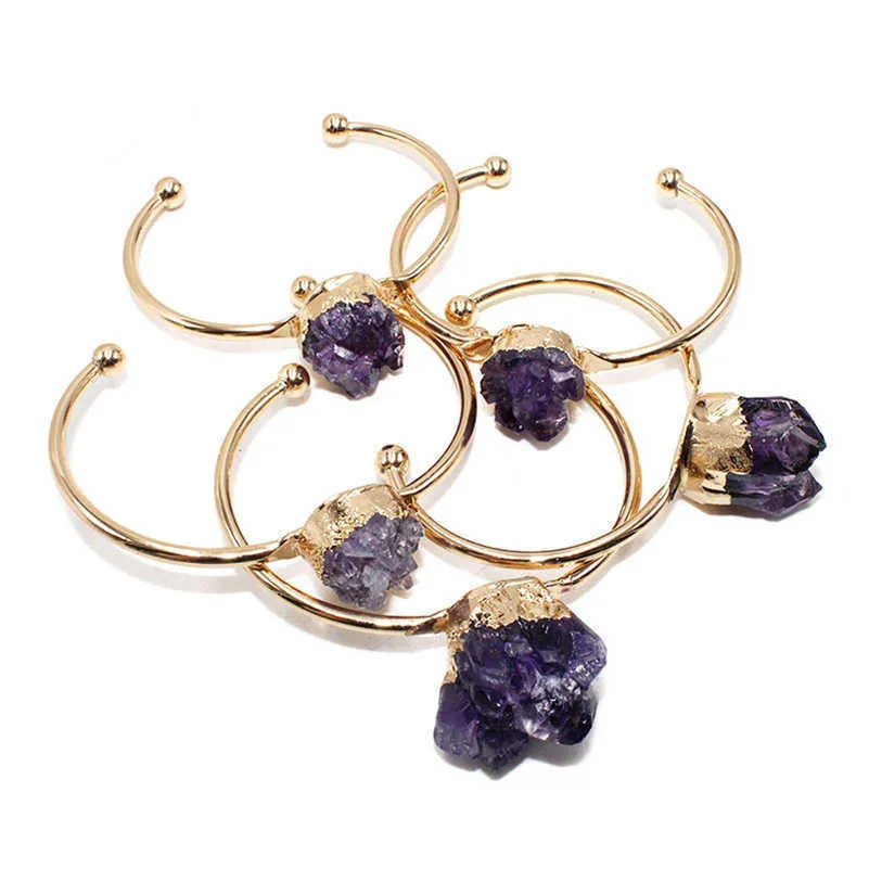 Adjustable Wide Womens Golden Cuff Bangle Genuine Amethysts Cluster Natural Healing Crystal Wrapped Gemstones Cuff Bracelet Q0717