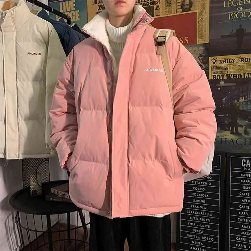 Hybskr Fleece Thicken Letter Graphic Men Winter Coat Stand Collar Oversize Parkas Korean Style Male Padded Warm Jackets 210910
