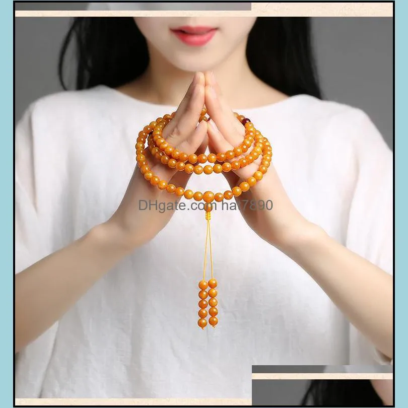 Old Honey Multi-circle 108 Prayer Beads Natural Beeswax Amber Bracelet Necklace for Men and Women Strands