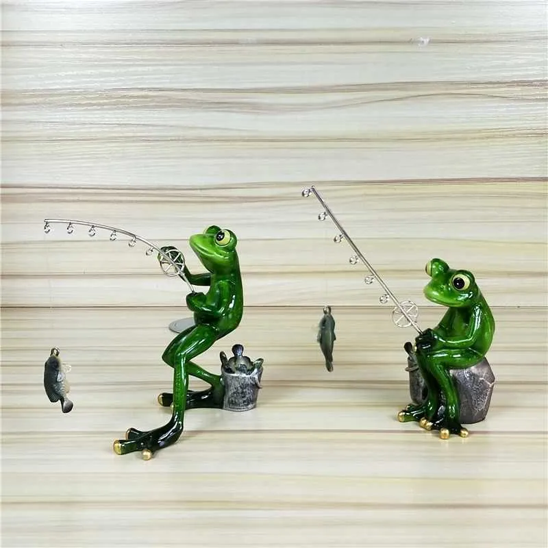 Fishing Frog Figurine Resin Frog Angler Miniature Garden Animal