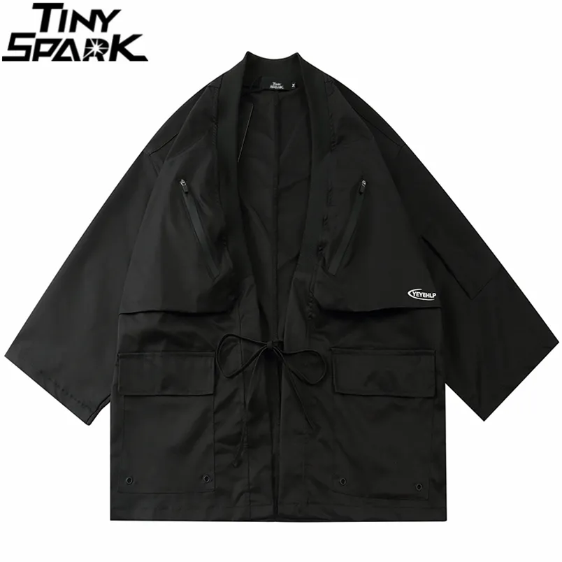 Japońska Kimono Kurtka Zipper Kieszenie Hip Hop Men Black Streetwear Harajuku Japonia Styl Cardigan 210811