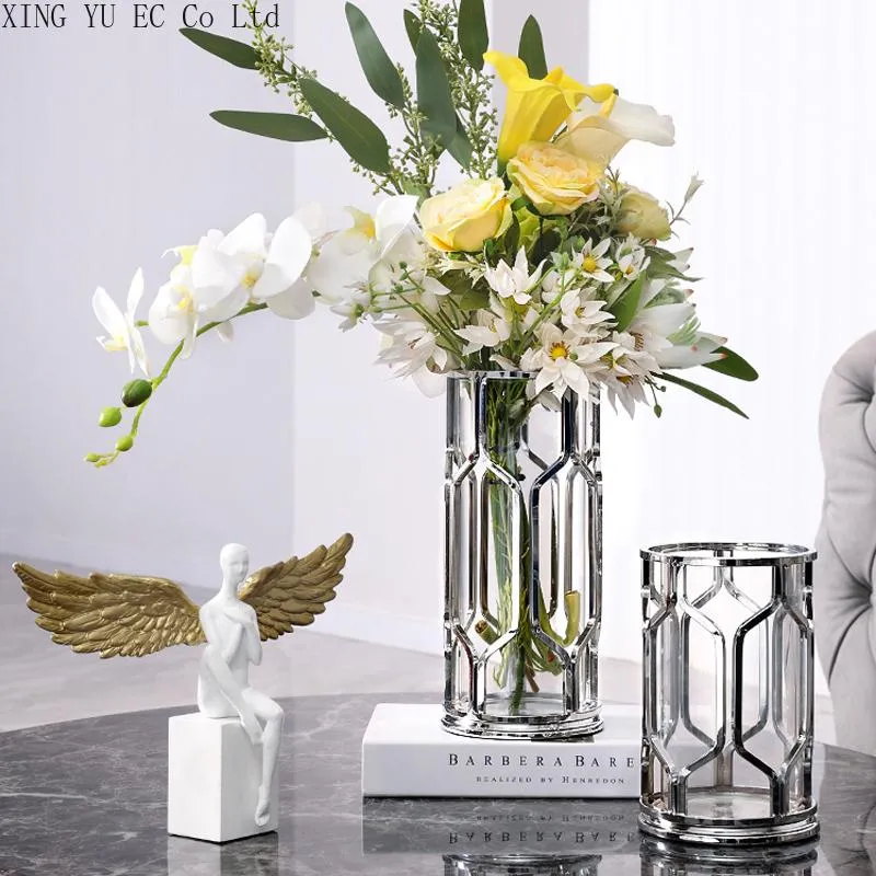 Vases nordique argent Vase lumière luxe métal Transparent verre ornements salon Arrangement de fleurs dispositif hydroponique