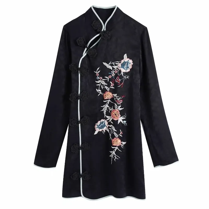 Femmes fleur broderie Jacquard Mini robe Style chinois femme à manches longues vêtements décontracté dame lâche Vestido D6925 210430