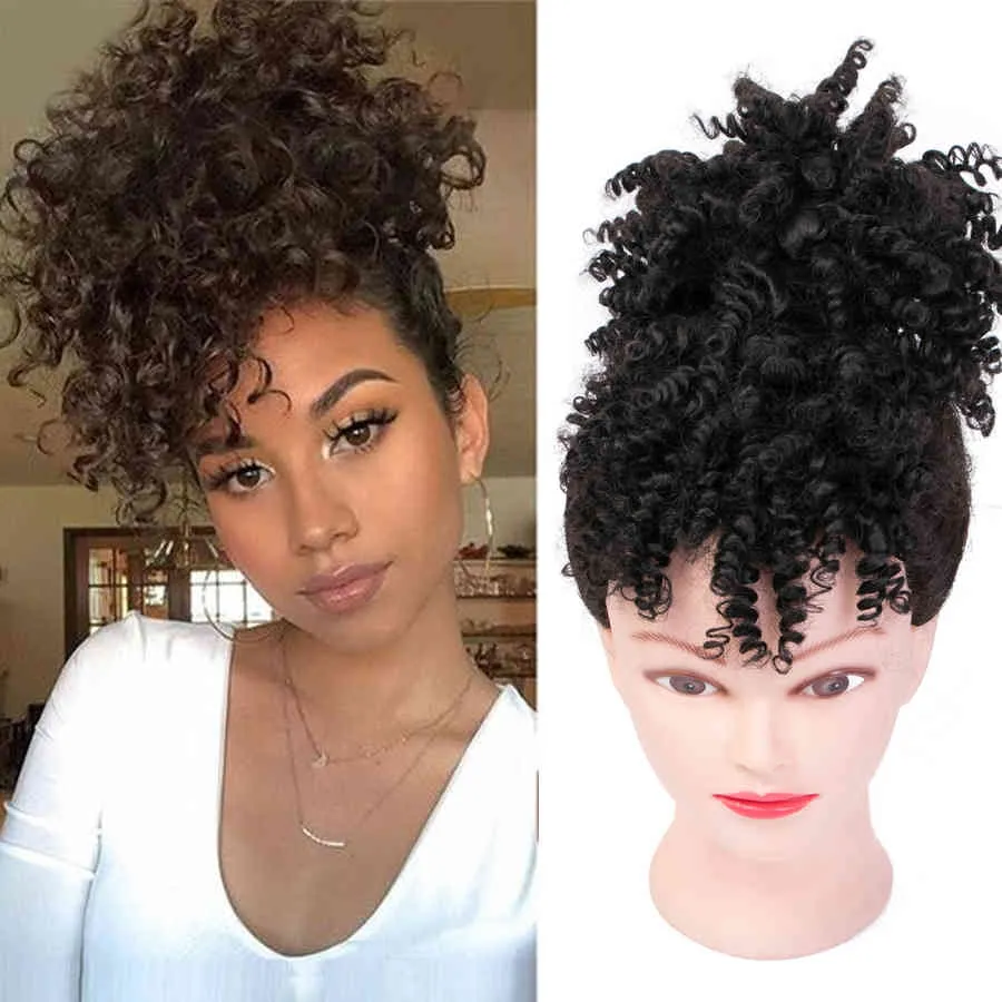 High Puff Kinky Curly Synthetic with Bangs Ponytail Hair Extension Drawstring Short Afro Pony Tail Clip in