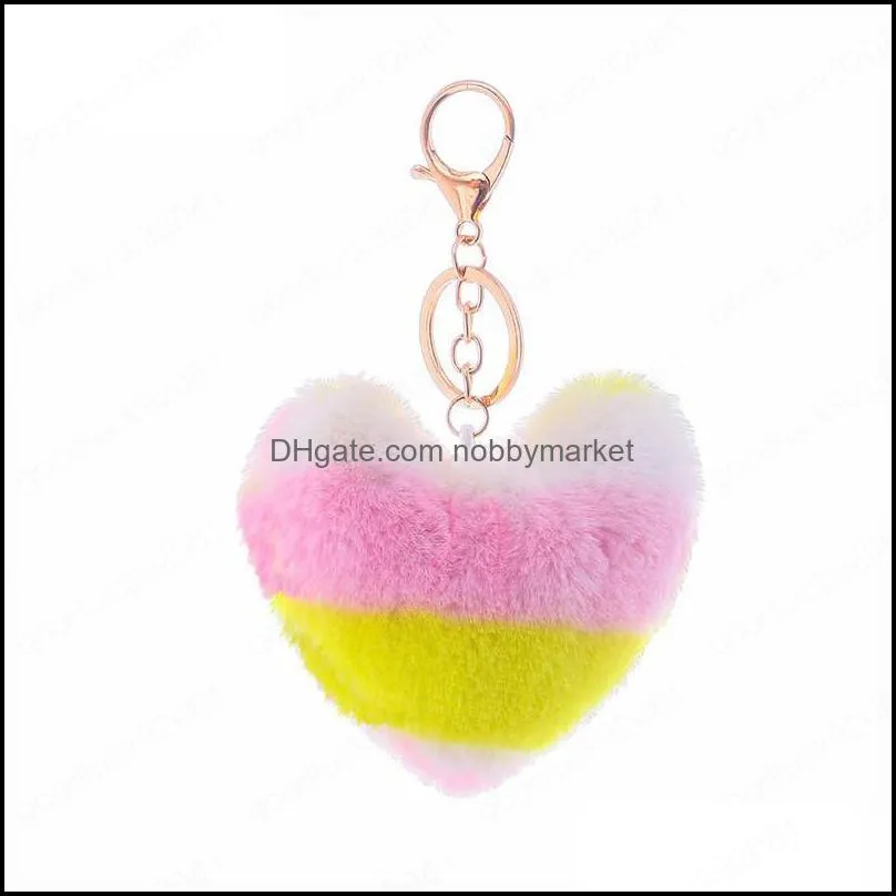 Stylish Rainbow Love Shape Ball Keychain Holder Bag Charm Ornament Cute Plush Pompom Car Key Ring Bags Trinket Chirstmas Gift