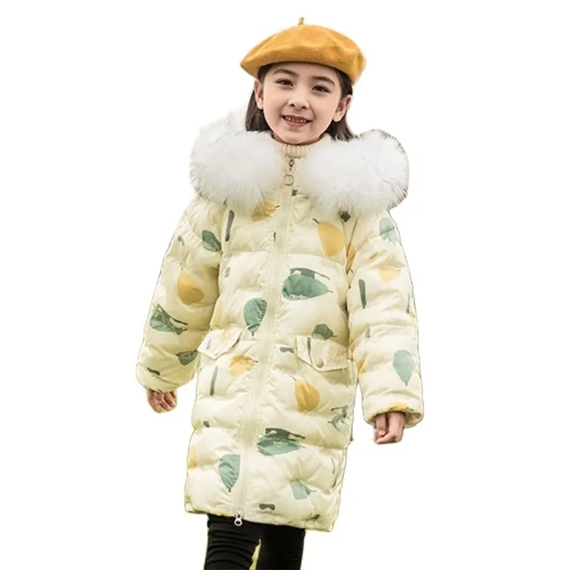 Winter Polyester Jacke für Mädchen Koreanische Version Verdicken Weiße Ente Unten Abnehmbare Pelz Kragen Casual Kinder Kleidung 211203