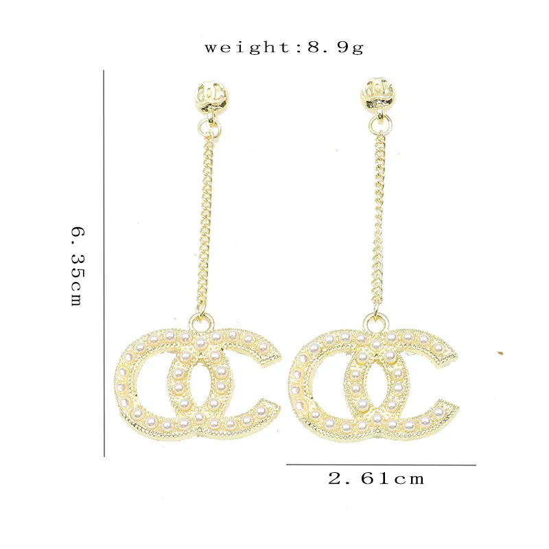 18 carats plaqué or marque de luxe designers lettres boucles d'oreilles pendantes géométriques célèbres femmes rondes cristal strass face perle boucle d'oreille bijoux de fête de mariage