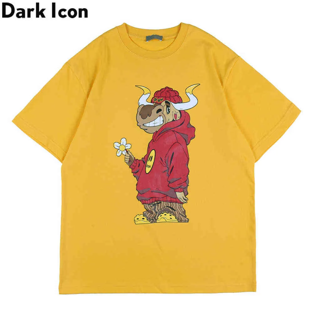Kreskówka drukowana hiphop t-shirt mężczyźni okrągły dekolt streetwear hip hop tshirts żółte koszulki męskie Top 210603