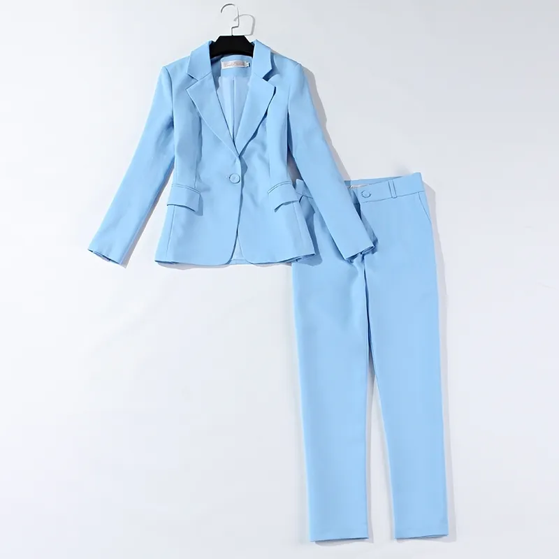 Damskie garnitury Jesień Mody Profesjonalne Slim Light Sleeved Light Blue Small Suit Kurtka Dorywczo dziewięć spodni 210527