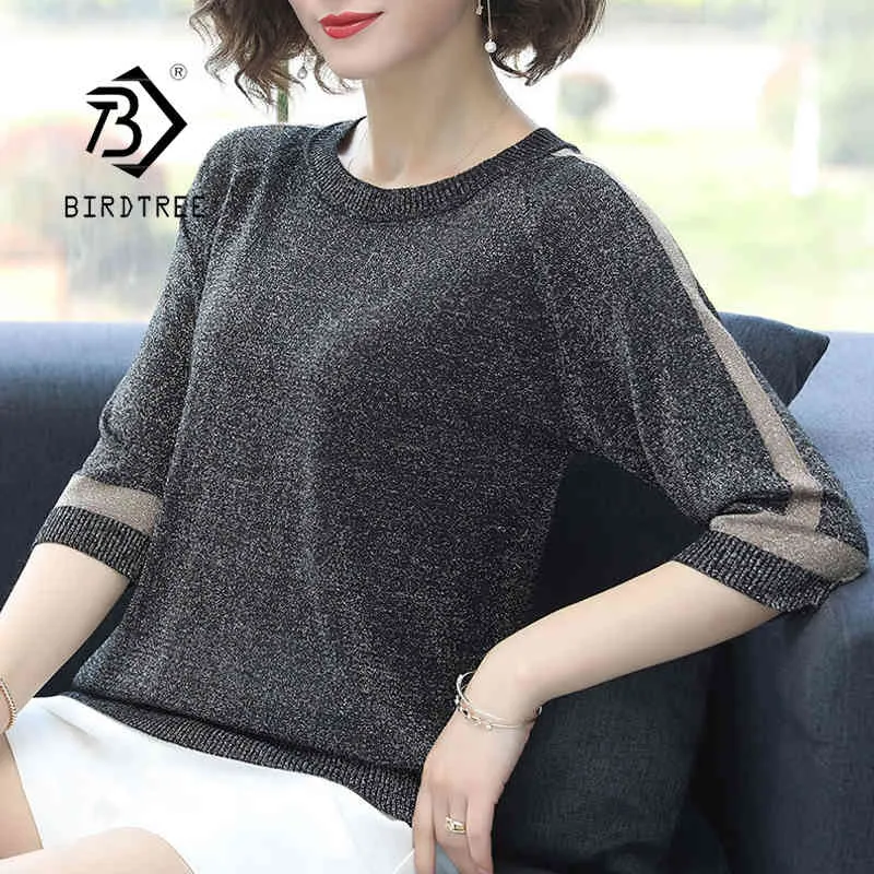 Women Spring Autumn Style Lady Casual V-Neck Half Sleeve Loose Knitted Pullover Tops Sweater T13203X 210416