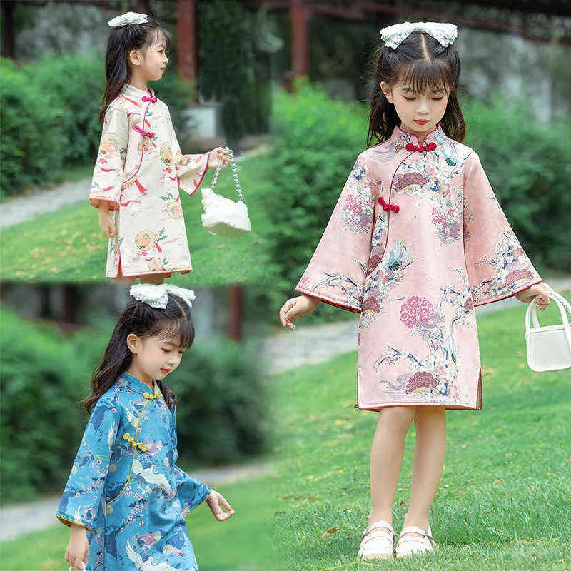 2021 Höst New Girl Dress Långärmad Förbättrad Cheongsam Barn Tonåring Kinesisk stil Princess Dress G1218
