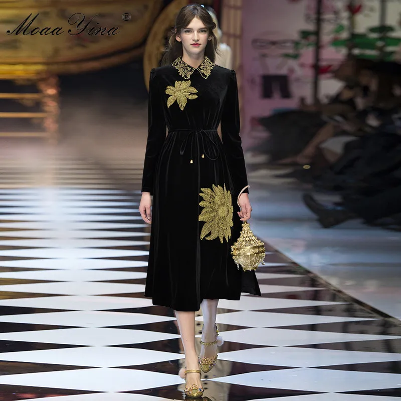 Elegant Velvet Dress: Long Sleeve, Gold Line Embroidery & Lace-Up Detail