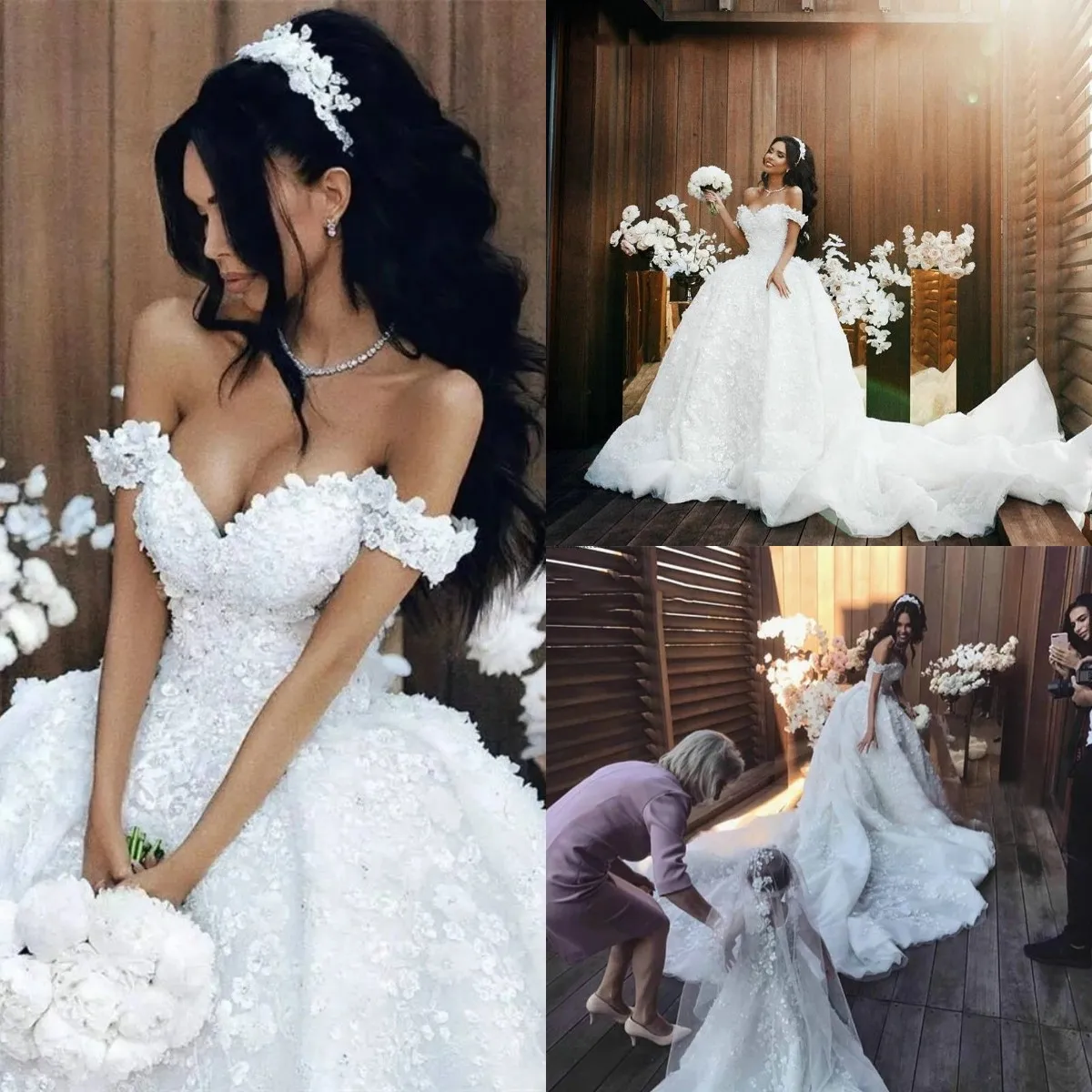 Princesa 2022 Vestidos de Noiva Lace Appliqued Vestidos Bridais fora do ombro frisado Crystal Boho País Robes de Mariée