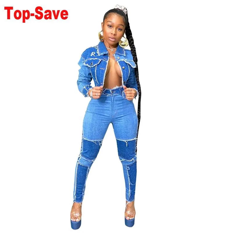 Women's Tracksuits High Quality Denim Suit Streetwear Plus Size Women Clothing Vintage Two Piece Set Clothes Retro Stitching Birthday Outfit