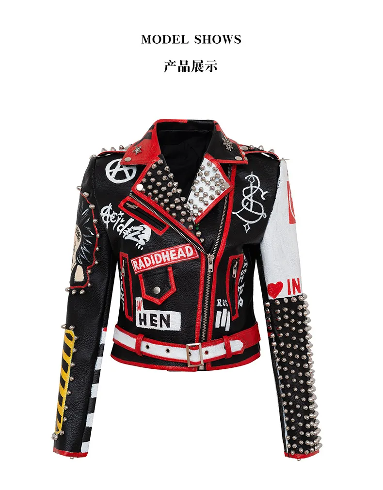 Womens Punk Rock Cropped Leather Jacket with Graffiti