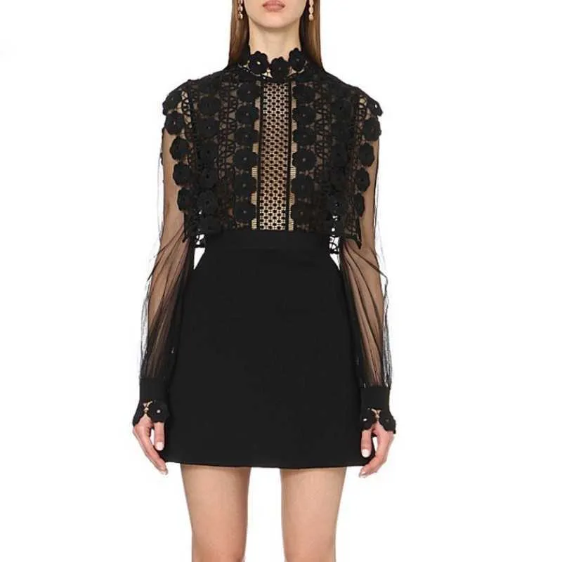 Black Lace runway shirt dress with Flower and Crochet Detailing for Women - Long Sleeve, Hollow Out Mini (210529)