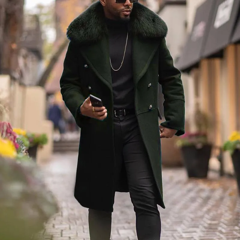 DHgate Mens Wool Blend Long Coat Winter Faux Fur Collar Jacket Overcoat Black Fashion Autumn Oversize Casual Outwear Coat Apparel